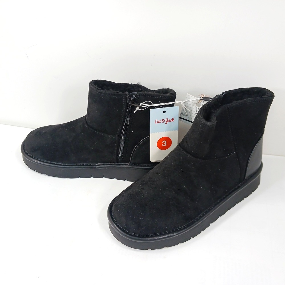Cat & Jack Honor Girls Black Fauxâ Suede Faux Fur Lined Winter Boots Size 3 NEW